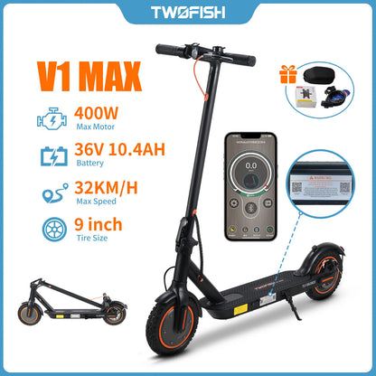 TWOFISH V1 MAX Elektroroller, 400 W, 36 V, 10,4 Ah, 25 km Reichweite, elektrischer Tretroller, unterstützt APP, 32 km/h, 9 Zoll Reifen, faltbarer Escooter