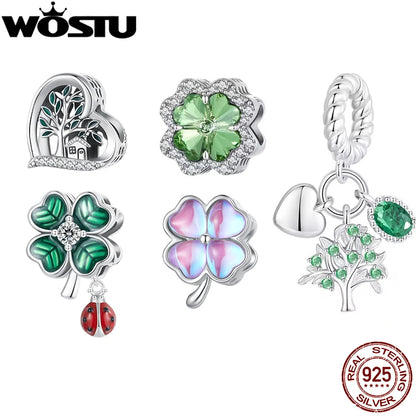 WOSTU Charms-Anhänger aus 925er-Sterlingsilber, grüner Baum des Lebens, Glücksklee-Perlen, passend für Original-Armbänder, Halsketten, DIY-Schmuck, Geschenk