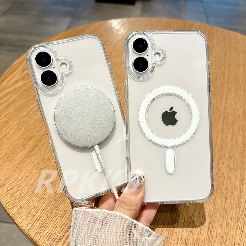Transparent Für Magsafe Magnetische Drahtlose Lade Fall Für iphone 11 12 13 14 15 16 17 Pro XS Max XR 16e 17 Air Harte Acryl Abdeckung
