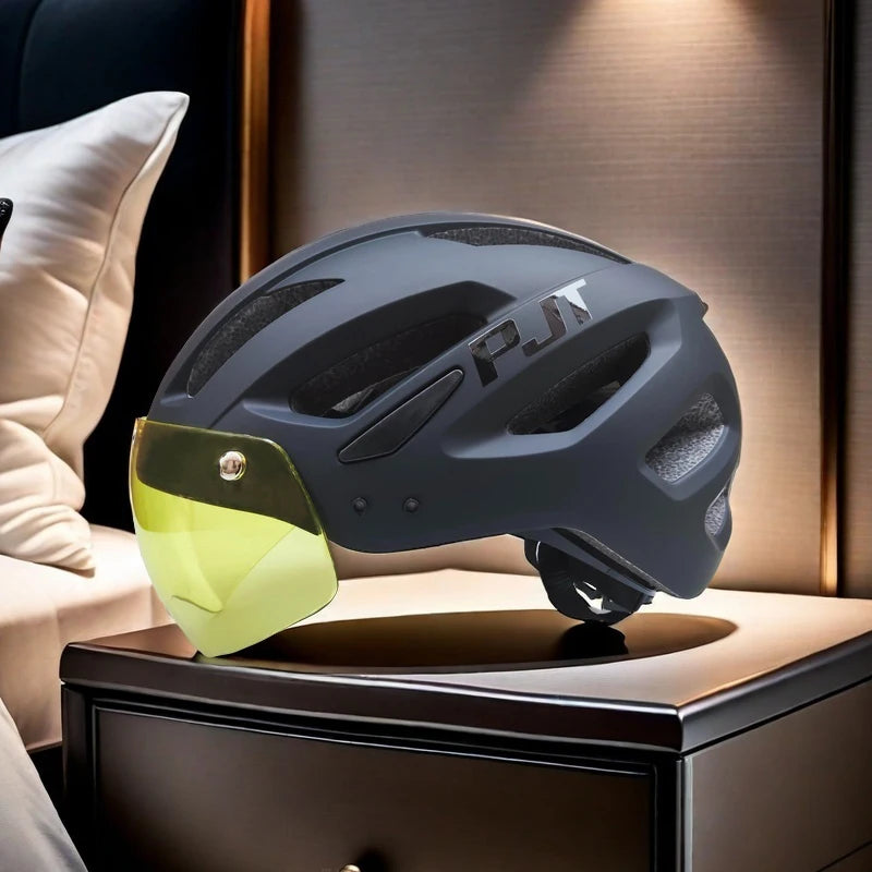 PJT Neuer LED-Fahrradhelm mit Sonnenbrille, Visier, wiederaufladbar, LED-Fahrradhelm für Herren, Sonnenbrille, Schild, Rennrad, MTB, Fahrradhelme