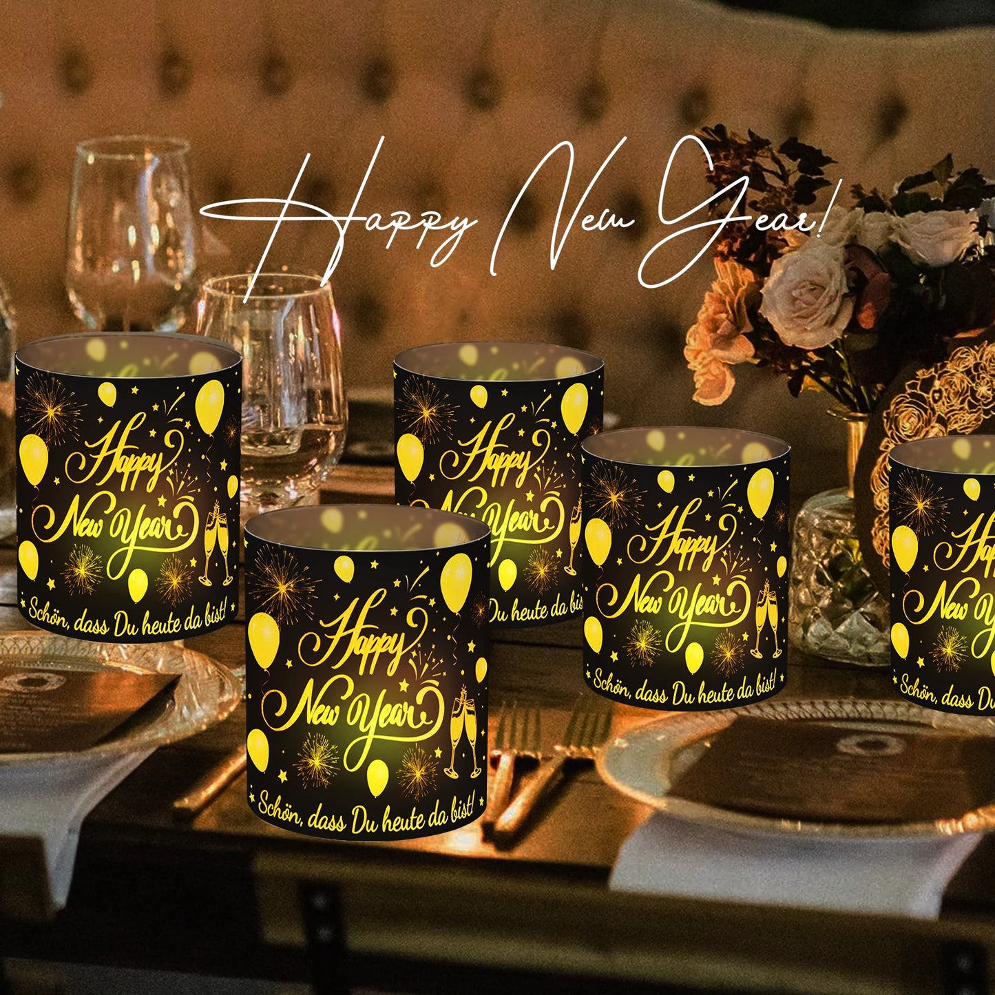 12-teiliges Neujahrsparty-Lampenschirm-Dekorationsset in Schwarz und Gold Frohes Neues Jahr, Feiertag, Esstisch, Kerzenlampenschirm mit Champagner