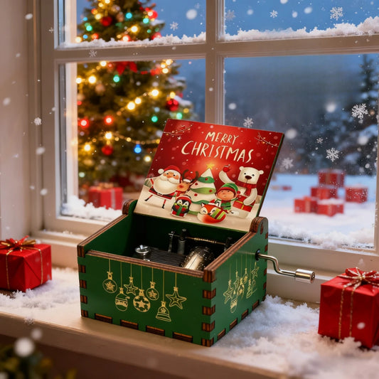 Frohe Weihnachten Spieluhr aus Holz, antik geschnitzt, handgekurbelt, klassisches Thema, Musik für Geburtstagsfeier, Geschenke, Familiendekoration