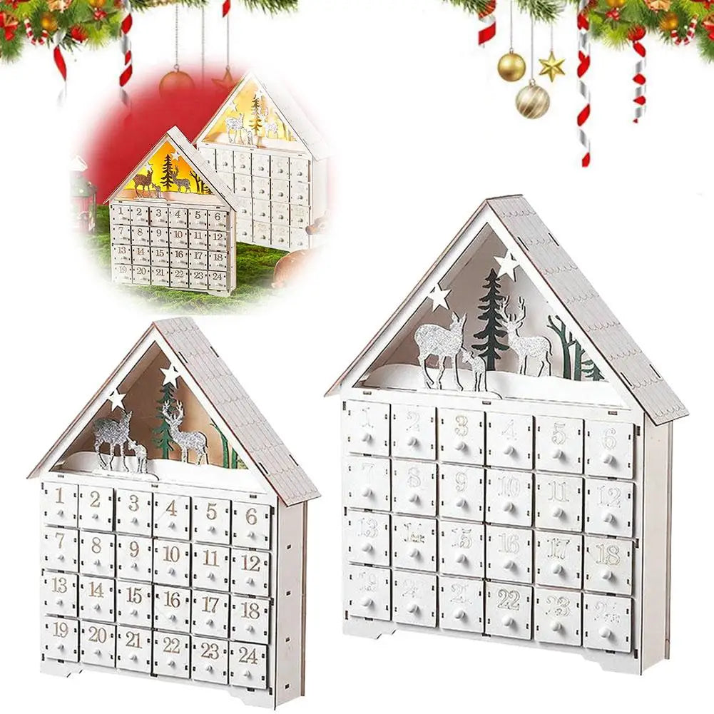 Weihnachts-Adventskalenderhaus aus Holz mit 24 Schubladen, Countdown zu Weihnachten für Kinder, LED-Heimdekoration, klein/groß