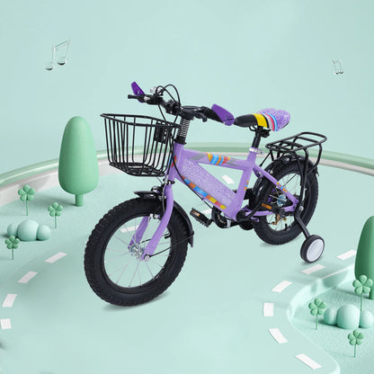14-Zoll-Kinderfahrrad, verstellbarer Sitz, Kinderfahrradlast 50 kg, mit Trainingsrädern + Korb + Rücksitz für 3–6 Jahre alt (lila/rosa)